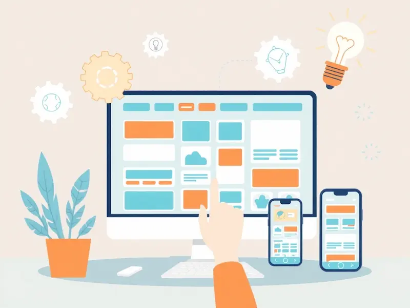 سم توضيحي لواجهة منشئ التطبيقات الرقمية، يحتوي على شاشة كمبيوتر بعناصر سحب وإفلات وأجهزة موبايل تعرض التطبيق. تتضمن المشهد تروس ومصابيح، ترمز للإبداع والتكنولوجيا