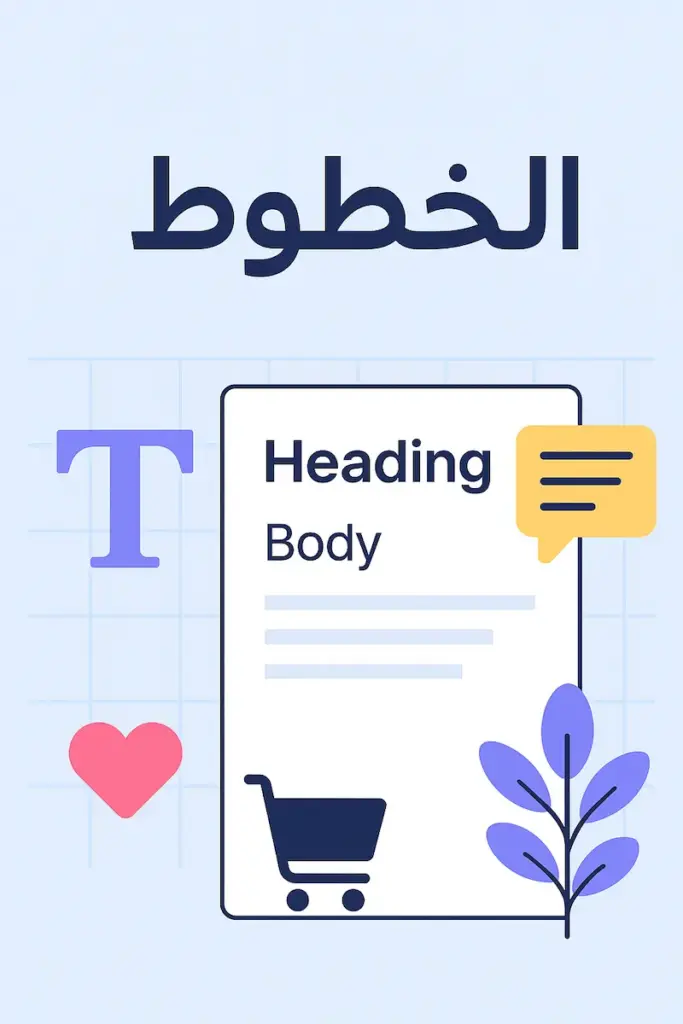 صورة تعبيرية بتوضح مفهوم الخطوط في التصميم، تحتوي على عناصر مثل حرف T، مستند فيه عنوان ونصوص، وأيقونات مثل القلب والسلة في تصميم فلات بسيط.