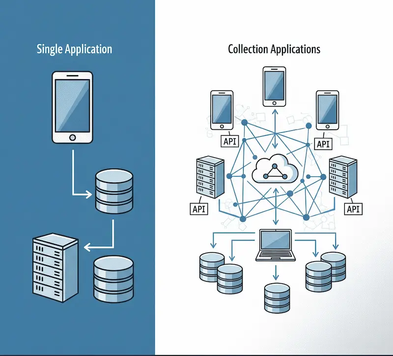 صورة توضح الفروقات بين تطوير تطبيق واحد وتطوير مجموعة تطبيقات متعددة