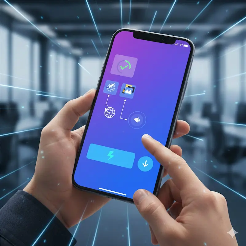 صورة تجريدية تعبر عن السرعة، حيث يظهر هاتف ذكي متصل بخطوط بيانات مضيئة وسريعة تتحرك نحو أيقونة هدف، مما يمثل تحسين الأداء وتقليل زمن التحميل والإنجاز السريع للمهام