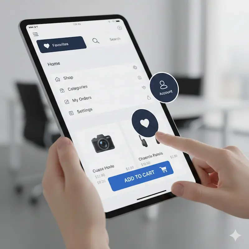 جهاز لوحي يعرض واجهة مستخدم تطبيق تفاعلي مع أيقونات وقوائم وأزرار كبيرة سهلة اللمس