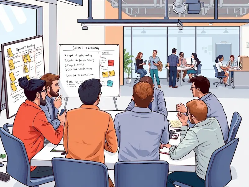 مخطط يوضح عمليات Scrum الأساسية في إدارة فرق التطوير مثل اجتماع التخطيط، الاجتماع اليومي، مراجعة المخرجات، وتحليل الأداء لضمان كفاءة الفريق