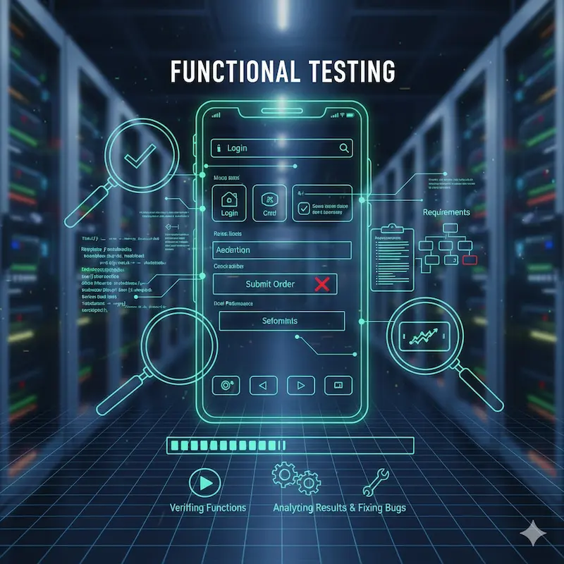 شخص يجري اختبار على تطبيق باستخدام كمبيوتر محمول، يوضح عملية فحص الوظائف الأساسية للتطبيق