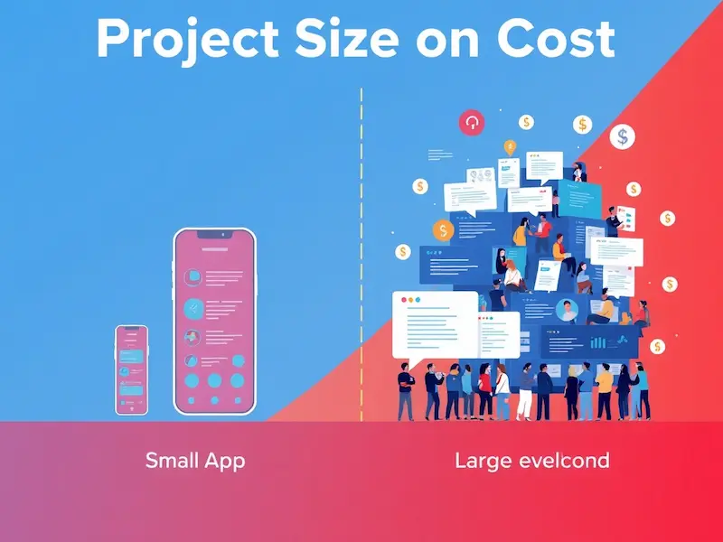 رسم بياني يوضح زيادة تكلفة التطبيق مع زيادة حجم المشروع وعدد الميزات