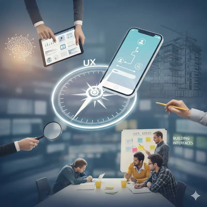 مخطط يوضح عملية تصميم تجربة المستخدم UX مع التركيز على فهم احتياجات المستخدم، تصميم مسار استخدام واضح، واجهة بسيطة، واختبار النماذج قبل الإطلاق