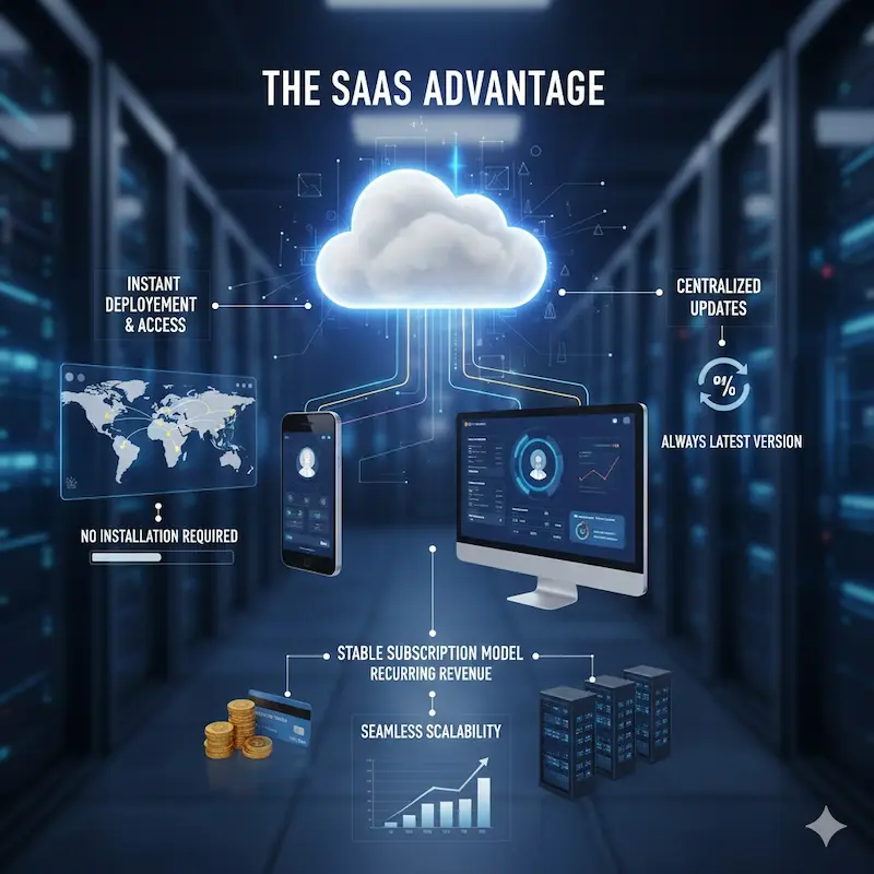 مخطط يوضح تطوير تطبيقات SaaS مع التركيز على النشر السريع، التحديث المركزي، نموذج الاشتراك، وقابلية التوسع لضمان تجربة مستخدم متسقة وأداء مستقر