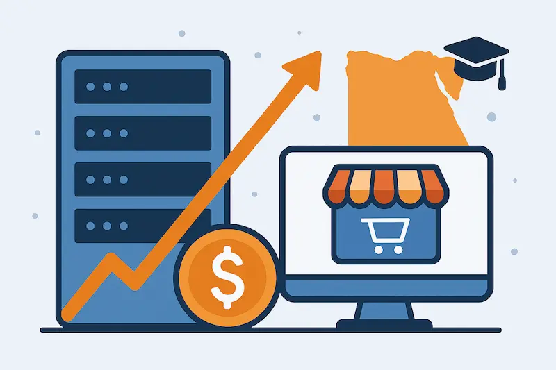 : أيقونات سيرفرات واستضافة توضح كيف تؤثر تكلفة الاستضافة المشتركة على سعر المتاجر الإلكترونية في مصر