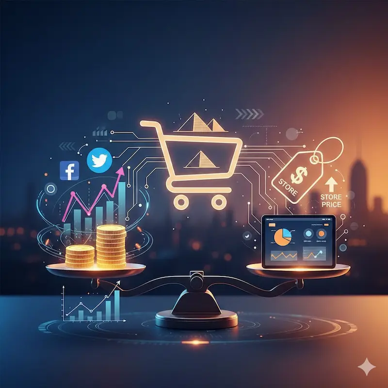 صورة تعرض أيقونات وسائل التواصل الاجتماعي مع إعلانات توضح تأثير تكلفة التسويق على سعر المتجر الإلكتروني