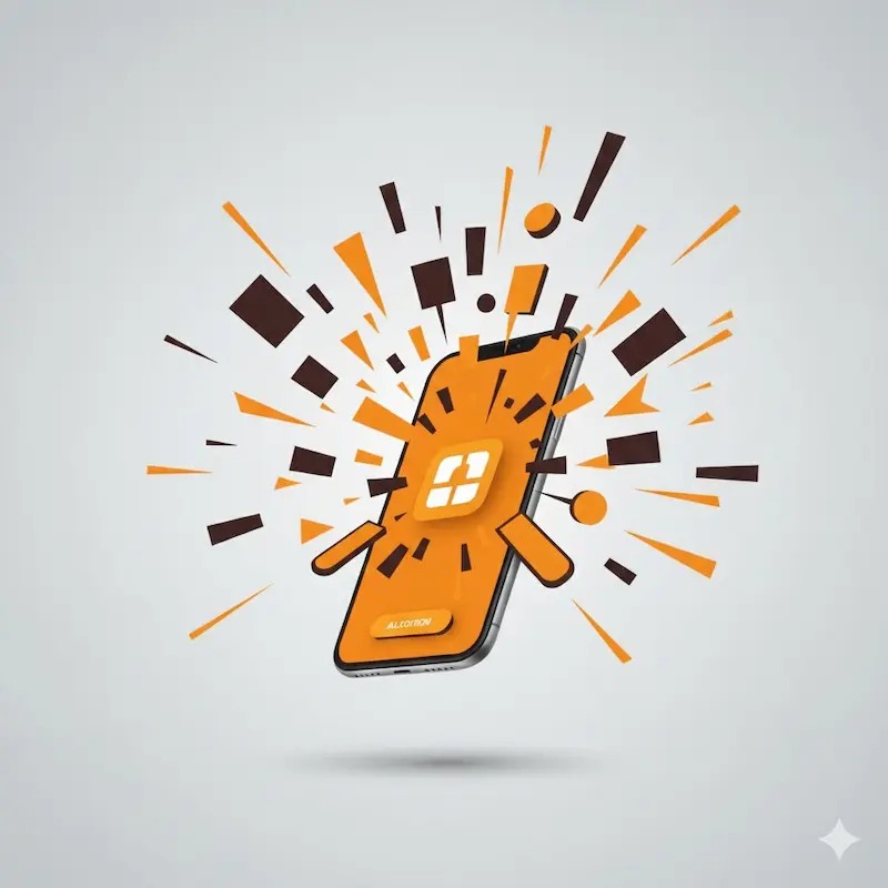 Dynamic orange graphics emerging from the screen on a clean background