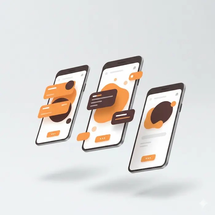 Modern mobile app UI design featuring floating message notifications in orange and brown with white background