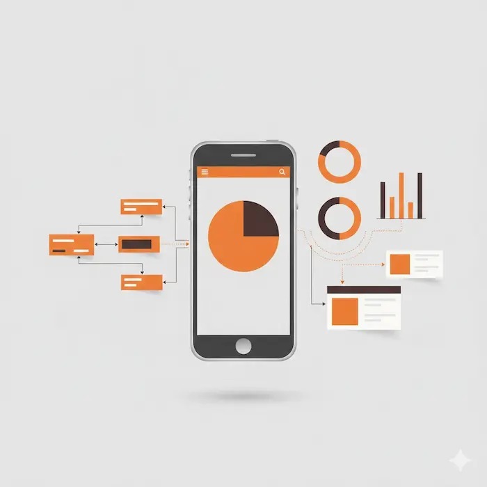 Smartphone graphic with interactive data statistics emerging from the screen