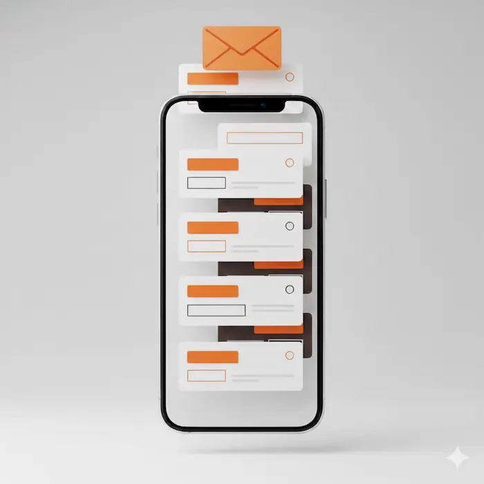 Simple graphic of a phone with popup messages on a white background