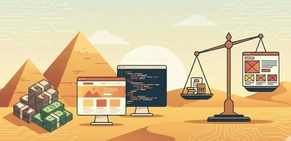 صورة توضيحية تجمع بين الرموز المصرية والتكنولوجيا والمال.