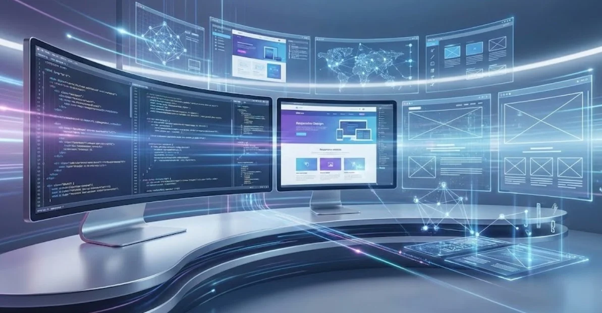 تصميمحديث يظهر تقنيات تطوير الويب والبرمجة على شاشات رقمية، يعكس خدمات شركات تصميم المواقع.
