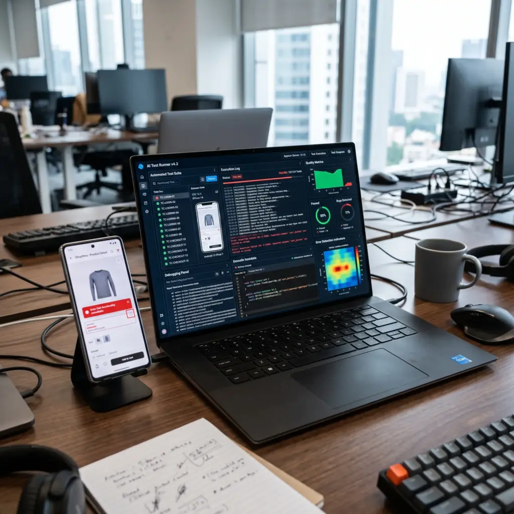 Automating Testing and Quality Assurance | AlexApp Open-plan office desk with multiple monitors, a laptop, smartphone, and a notebook of handwritten notes in the foreground.