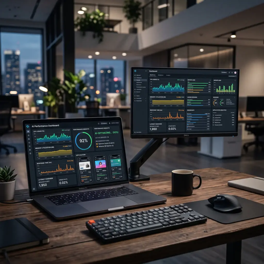 The Rise of AI Agents in App Development | AlexApp Open laptop on a wooden desk showing an AI performance dashboard alongside a large external monitor displaying system analytics, with a keyboard, mouse, mug, and plant nearby in a modern office.