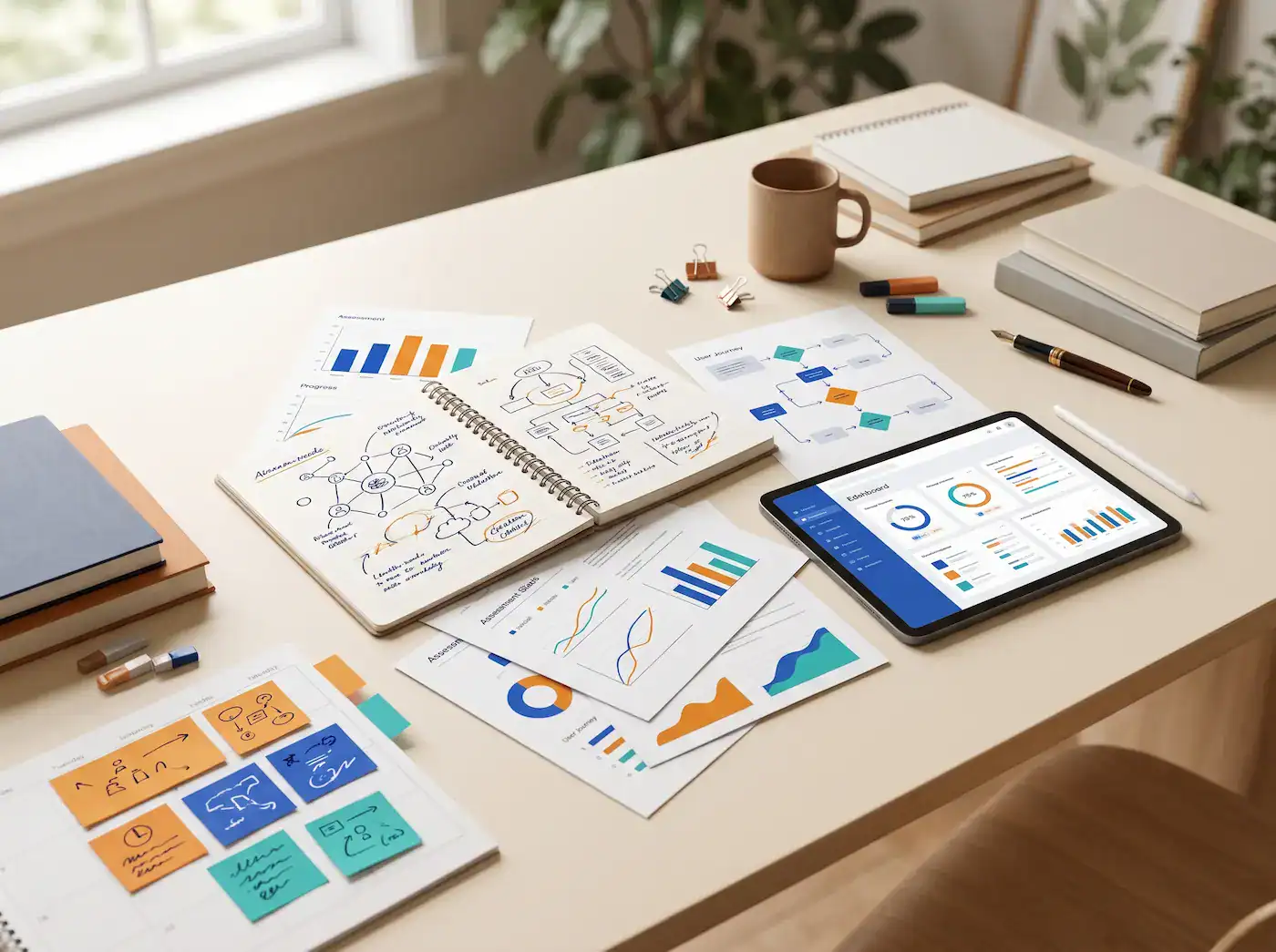 Desk workspace with an open notebook of diagrams, printed charts, and a tablet showing a analytics dashboard.